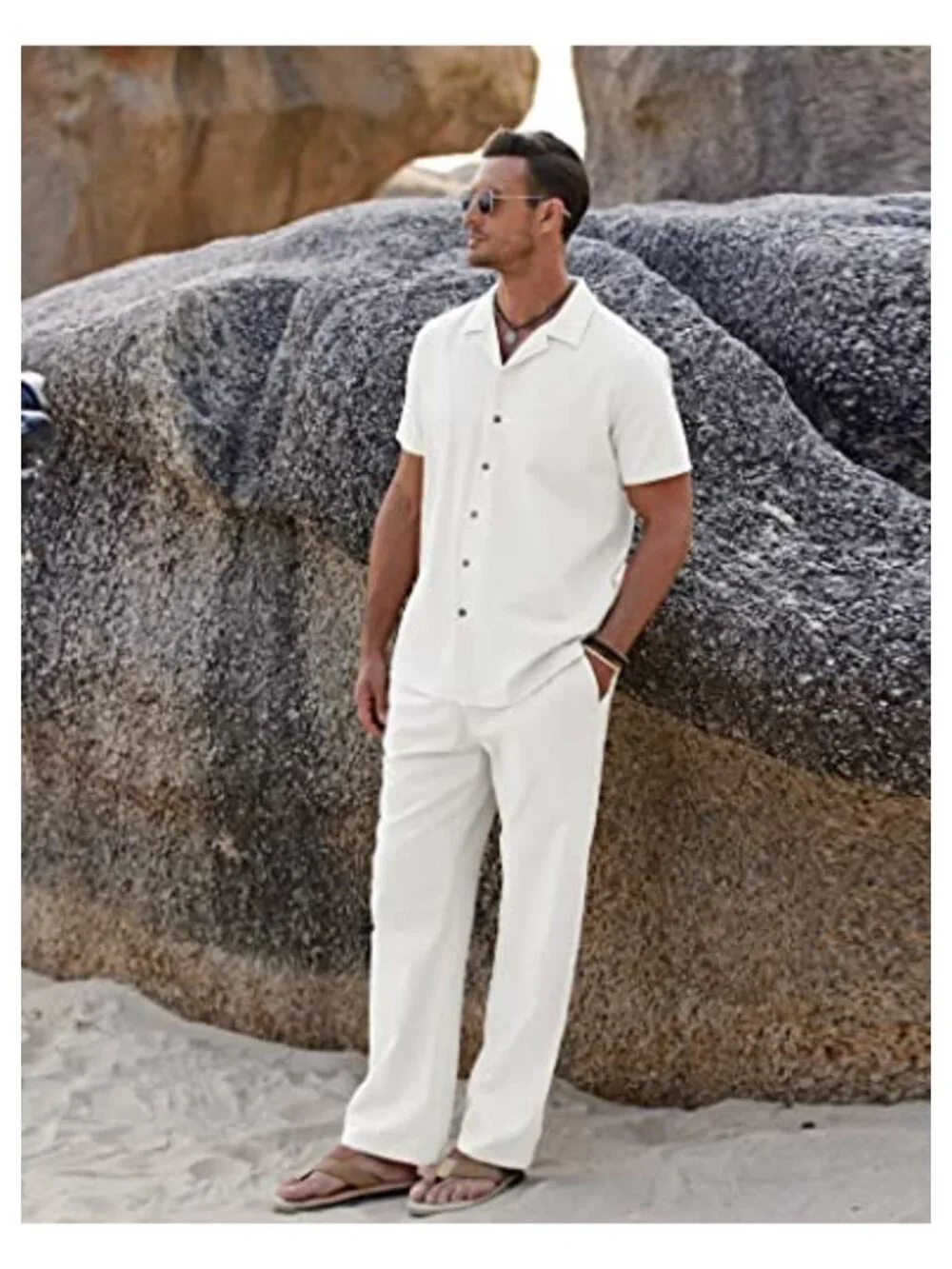 Men 2 Piece Linen Outfit Beach Button Down Shirt Casual Loose Pant Sets